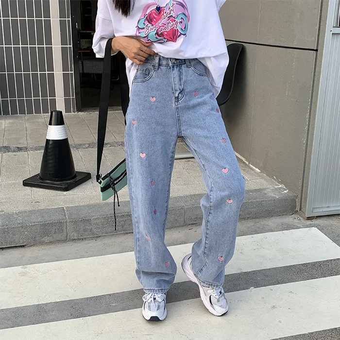 Calças de Brim Vintage em Forma de Coração Femininas Bordado Cintura Calças Perna Larga Harajuku Reta Mochila Jeans 15 Online shopping