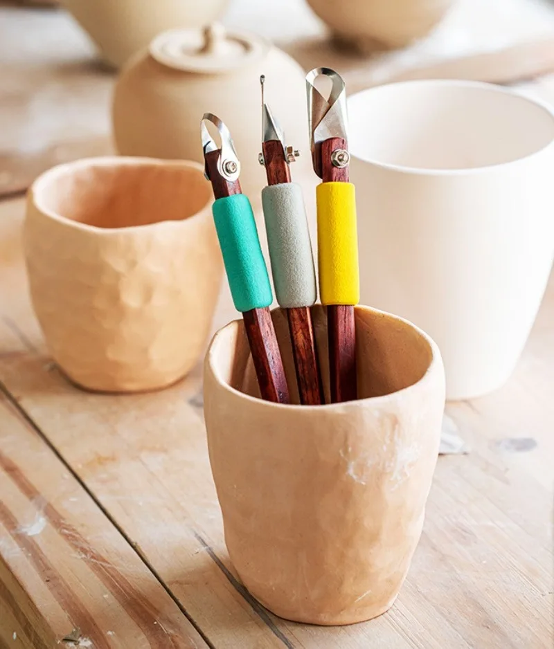 DIY Ceramic Clay Sculpture Scraping Texture Carving Tools Ring Carving Knife Wooden Handle Single Head Scraper Pottery Tools