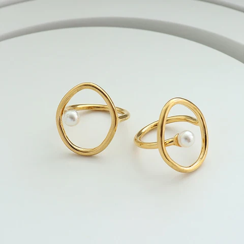 Open Circle Ring for Women, Chic Karma Ring with Pearl, Thin Minimal Geometric Finger Jewelry