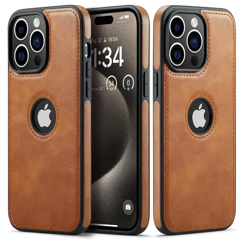 로고 보기 럭셔리 클래식 가죽 얇은 슬림 케이스 for IPhone 15 14 13 11 16 Pro Max 12 Mini XS XR X 8..