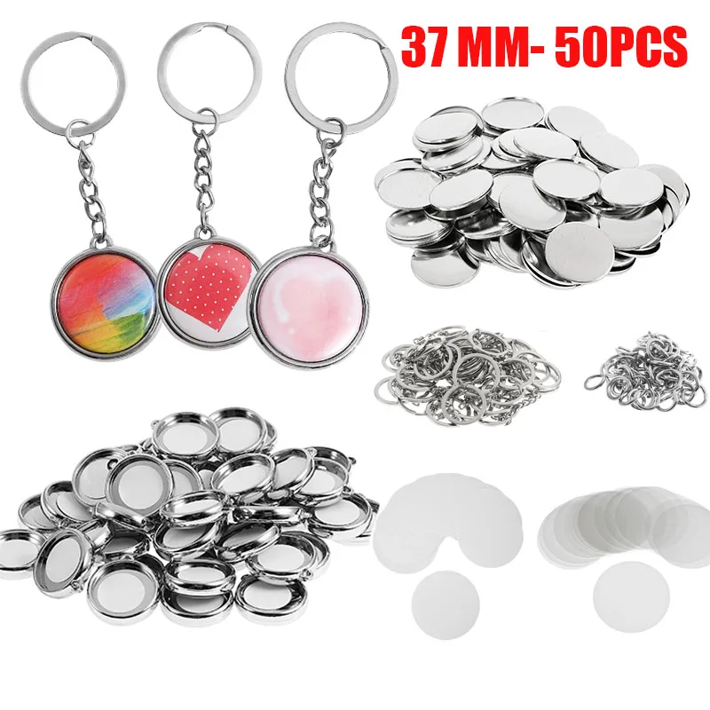 50Pcs/set 37mm Double-sided Key Chain Parts for Badge Machine 25mm 32mm Round Pin Making Supplies Metal Front Cover Blank Paper badge parts,button making supplies
