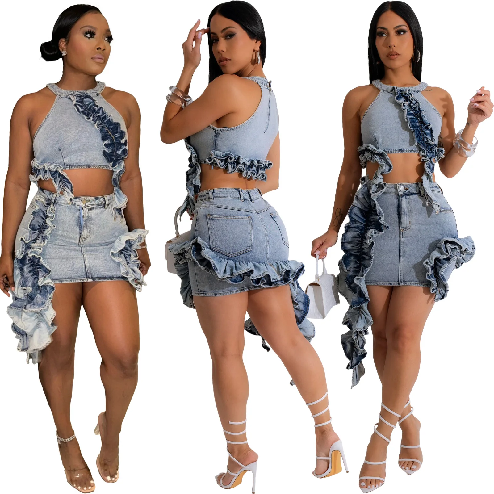 

New European and American fashion wooden ear elastic washing zipper casual denim skirt suit ladies suit skirt sets