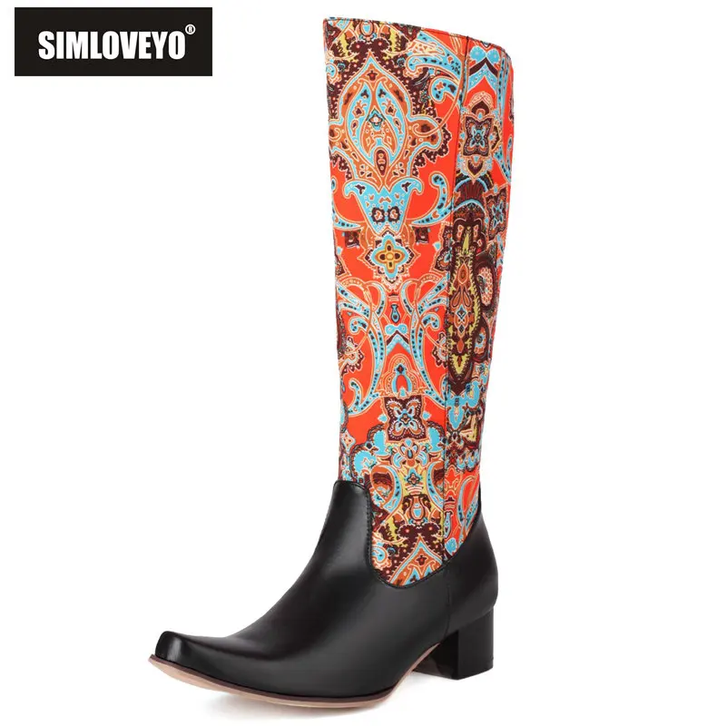 

SIMLOVEYO Fashion Women Long Boots Square Toe Block Heels 4.5cm Zipper Embroidered Mixed Plus Size 47 48 49 50 Leisure Booty