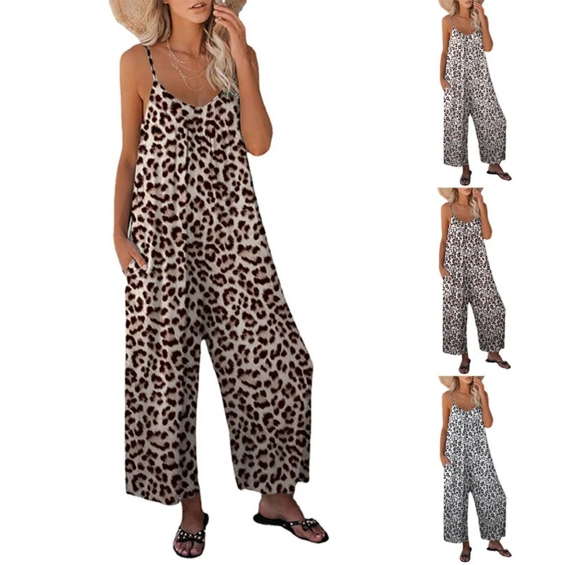 Girl Sleeveless Rompers Women Leopard Print Romper Summer Wide Leg Pant Jumpsuit Dropship