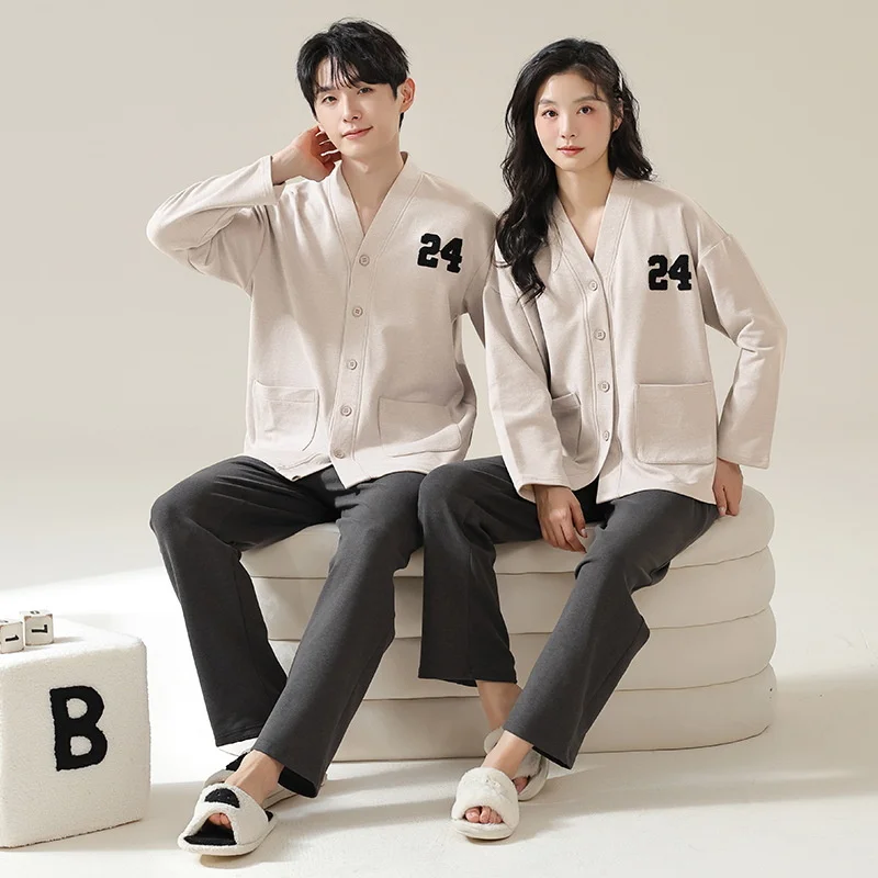 

2023 Cotton Nightwear Couples Spring Men Long Pajamas Women Cardigan Fashion Print Thicken Loose Sleepwear