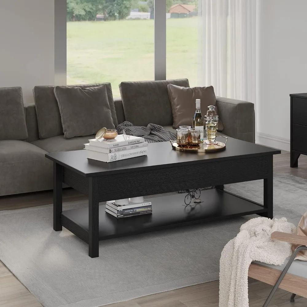 Lift top coffee table with hidden compartment and open shelf, pop-up tabletop for living room 5
