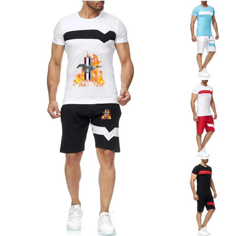 Mustang printed men's short sleeve summer men's Harajuku style hip-hop T-shirt high quality T-shirt shorts suit sportswear.