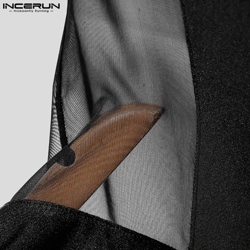 INCERUN American Style Sexy Bodysuits Men's See-through Patchwork Mesh Jumpsuit Stylish Casual Thin Homewear Sleeveless Jumpsuit Men Bodysuits Men Jumpsuits