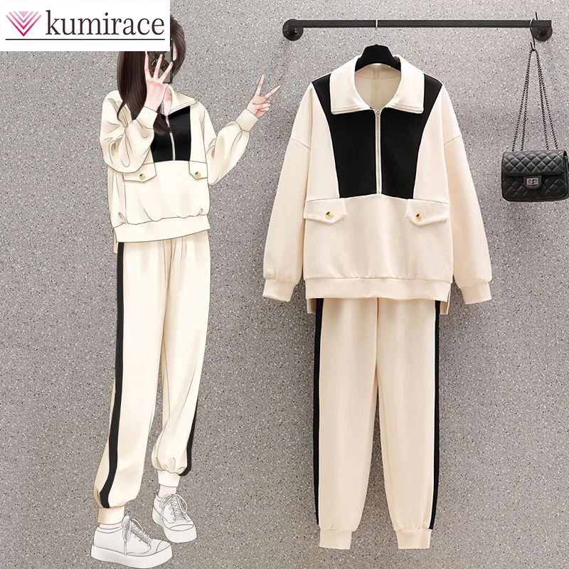 Large Casual Sports Suit Women's Early Autumn Loose Fitting Polo Neck Sweater Two-piece Set Juicy Couture Tracksuit Pant Sets