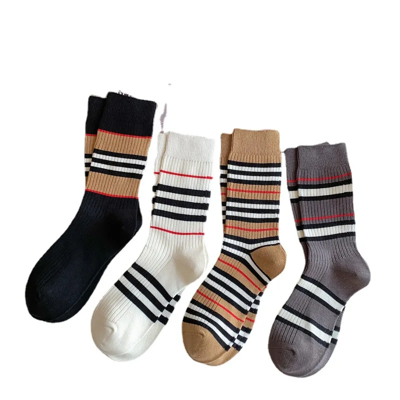 Ins college style retro pile cotton women\'s socks spring new stripe medium tube double needle women\'s socks