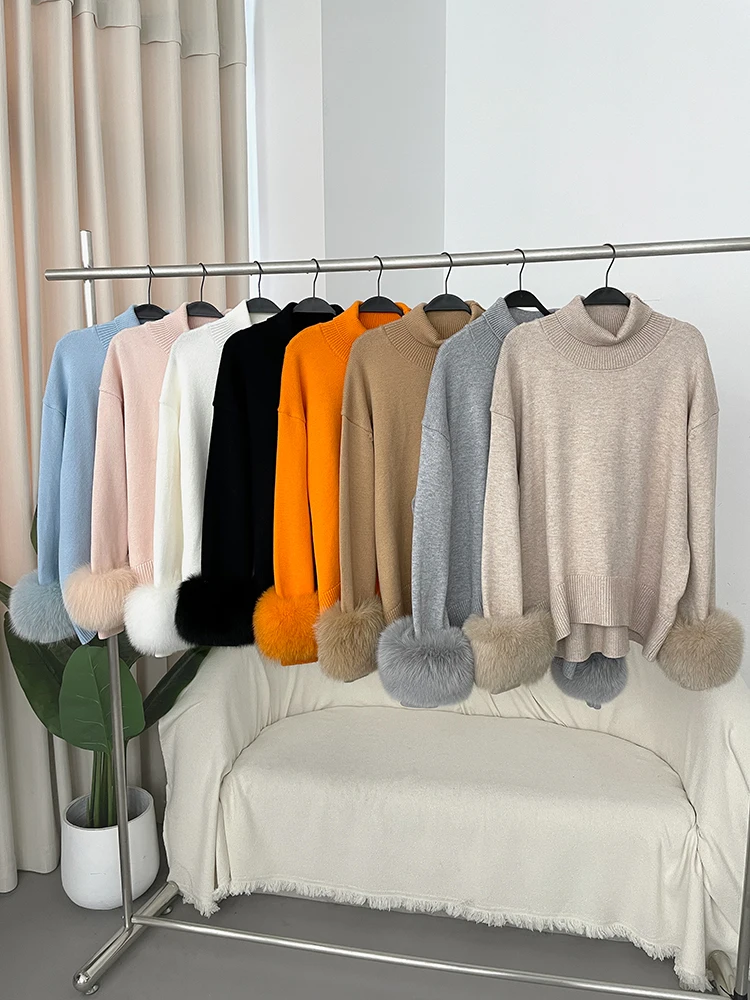FURYOURSELF 2025 Women Wool Pullovers Oversized Real Fox Fur Cuffs Sweater Elegant Office Lady Clothing Loose Turtleneck Jumper