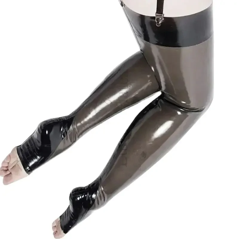 

Transparent Black Sexy Long Rubber Latex Thigh High Stockings With Trims Open Toes Feet