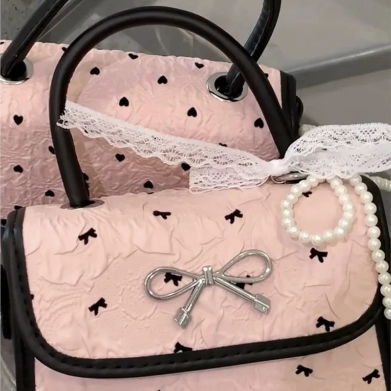 Korean Style Sweet Cute Bow Handbag Women Pleated Lace Gentle Shoulder Bags Ladies Lovely Print Pattern Exquisite Crossbody Bag