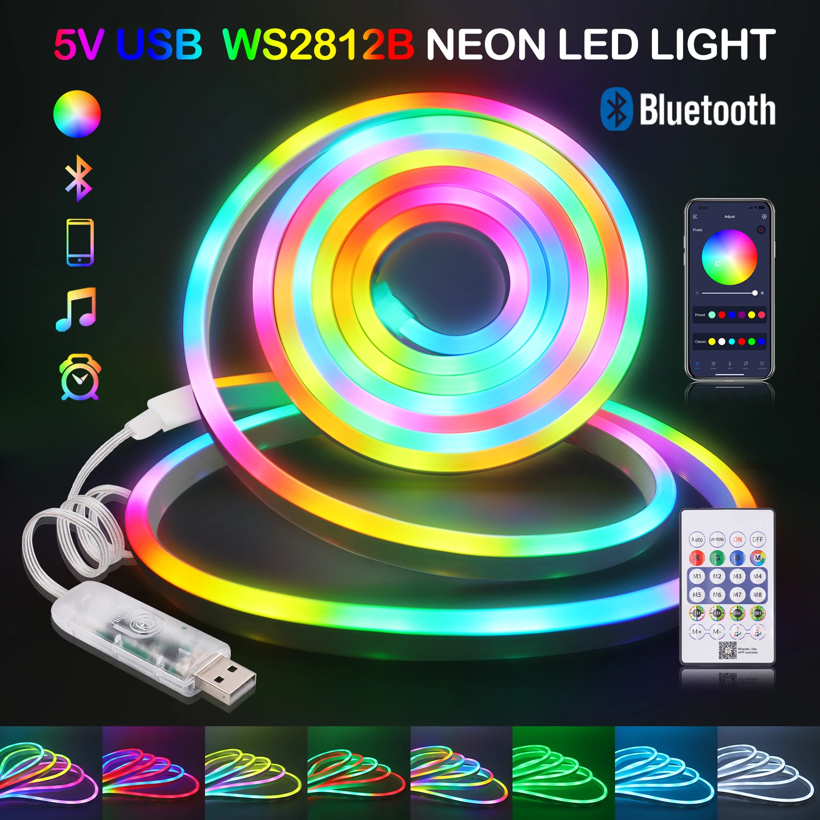 RGB USB WS2812B Flexible LED Neon Light Strips – Waterproof Bluetooth Music Sync, 7x13mm