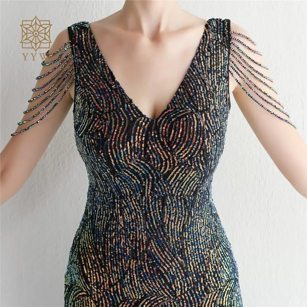 

Stripes Long Sequins Evening Dress Beading Sexy Deep V Party Cocktail Dress Women Sleeveless Mermaid Elegant Dresses For Women