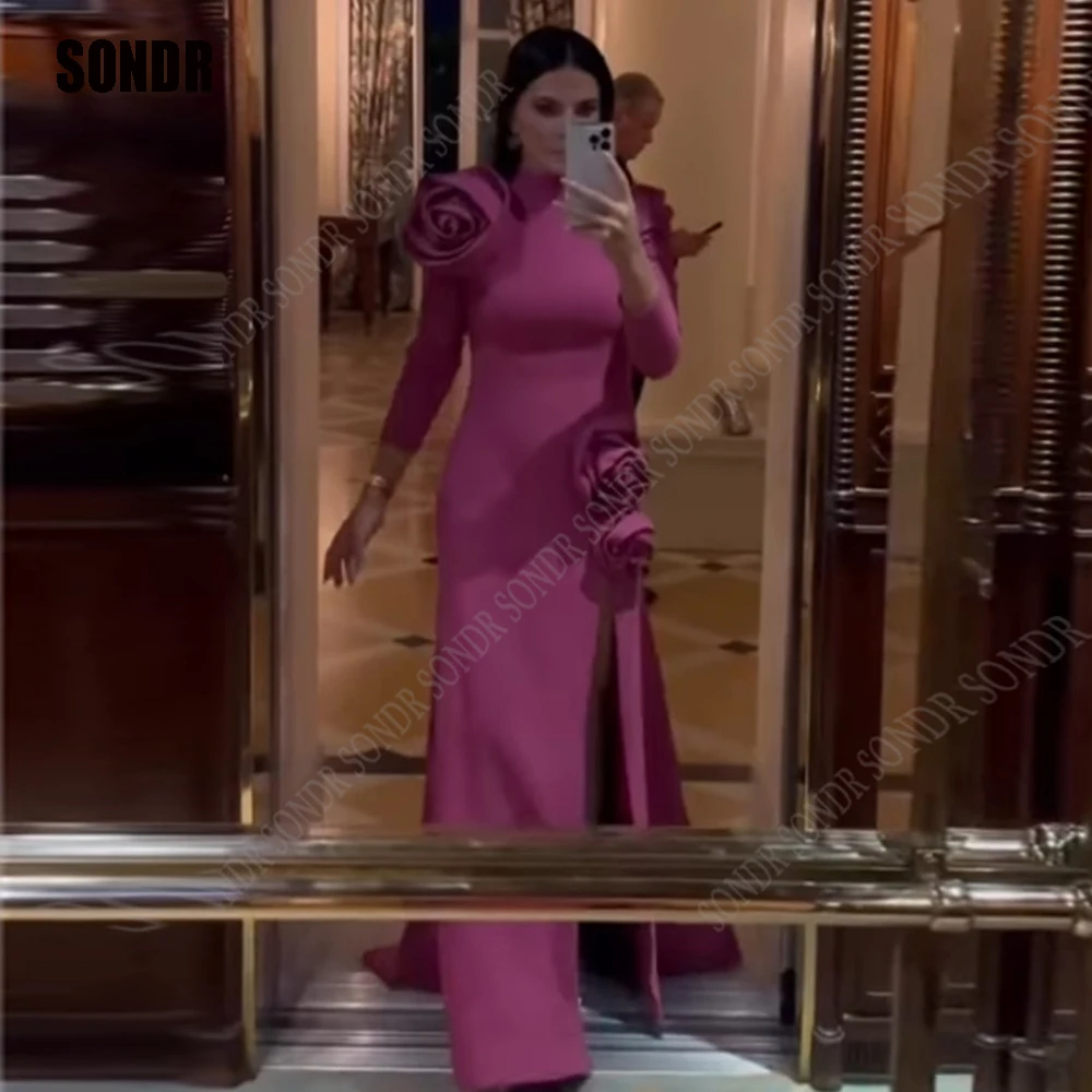 

SONDR Dark Purple Prom Dresses Women 3D Flowers High Neck Formal Event Occasion Gown vestido Side Slit Formal Night Dress