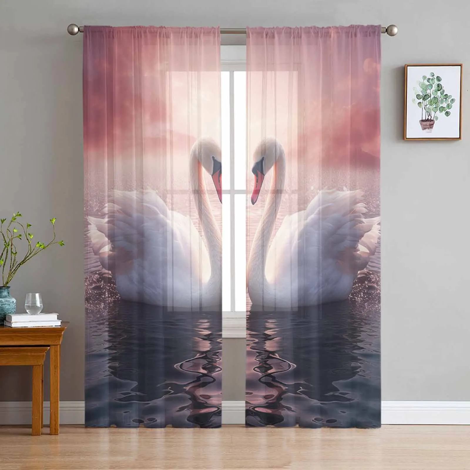 

Valentine'S Day Love Swan Sheer Curtains for Living Room Modern Home Decor Tulle Curtain Bedroom Voile Drapes
