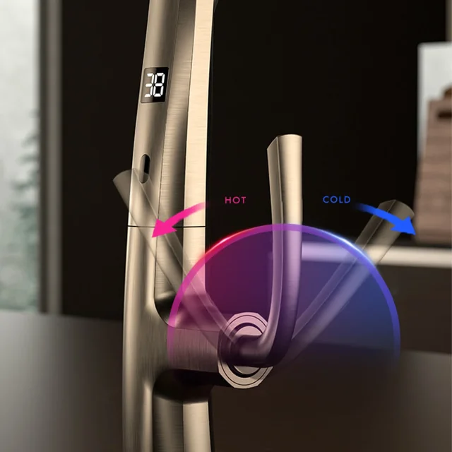 ก๊อกน้ําห้องครัวสีเทาปืนทองเหลืองหรูหรา จอแสดงผลดิจิตอล การดูดแม่เหล็กเหนี่ยวนําอัจฉริยะ การออกแบบแบบดึงออก อ่างล้างจานเย็นและร้อนแตะ 6