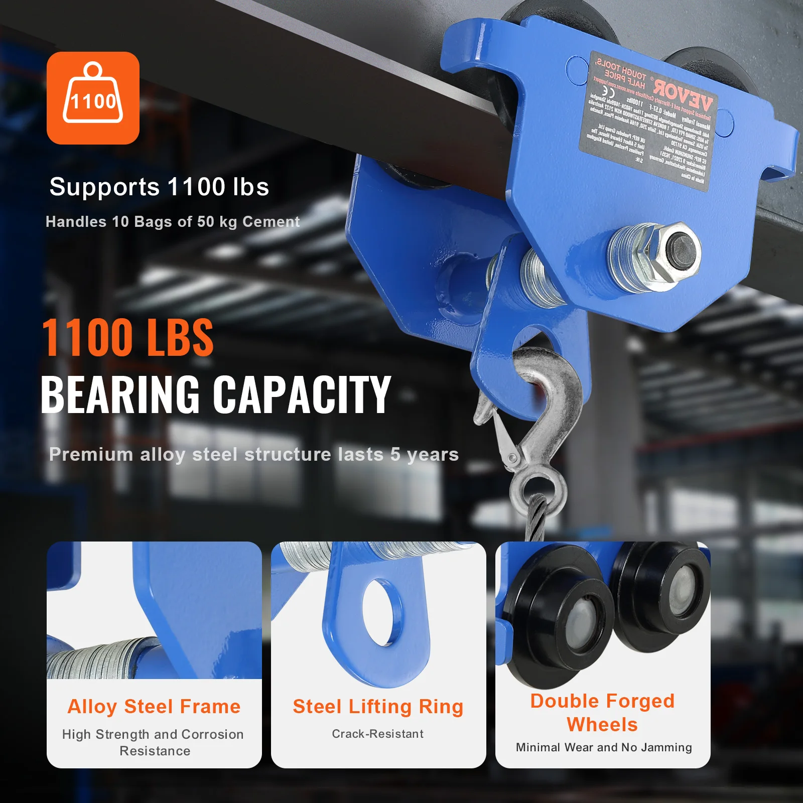 Beam Trolley Hoist 0.5/1/2/3Ton Manual Push Dual Wheels Adjustable Width 2.5-5.5in Garage Hoist for Straight Curved I Beam