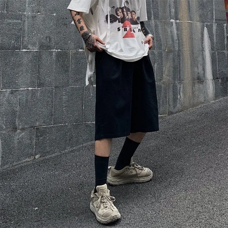 

Шорты мужские в стиле ретро, простые дышащие, свободные, повседневные, в стиле панк, для спортзала, с эластичным поясом, удобные, черные, на лето