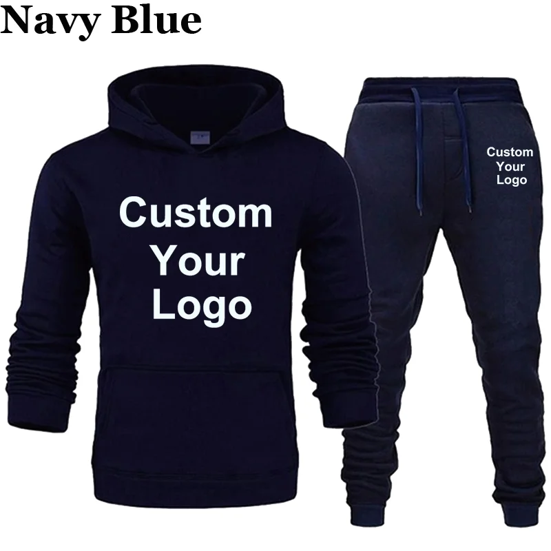 Custom Your Logo Hoodies Pants 2Pcs/Sets Sweatshirt Sweatpants Male Gyms Fitness Tops Trousers Joggers Sportswear Tracksuits 3