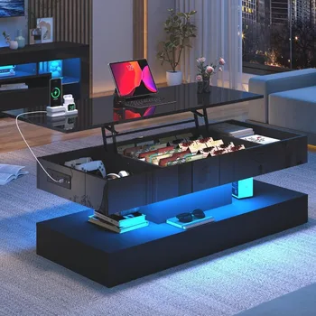 47.2 Large Lift Top Coffee TableModern High Glossy LED Coffee Tables for Living Room with Storage Black Living Room Tables for 1