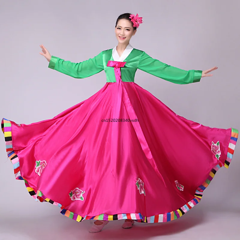 한국 전통 의상 한복 원피스 궁전 코스튬, 민족 무용 레트로 긴 가운, 고대 아시아 한국 궁정 한복 원피스 