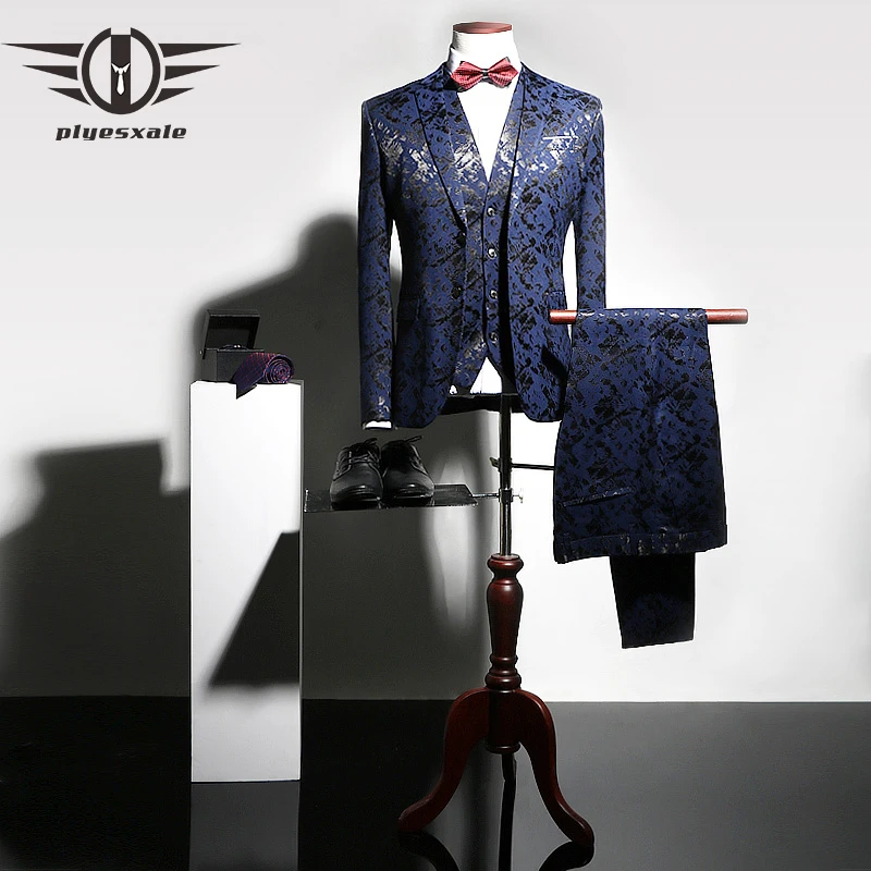 

Plyesxale Floral Suit Men 2022 Elegant 3 Piece Wedding Suits For Men Slim Fit Mens Party Suits Brand Black Blue Prom Wear Q500
