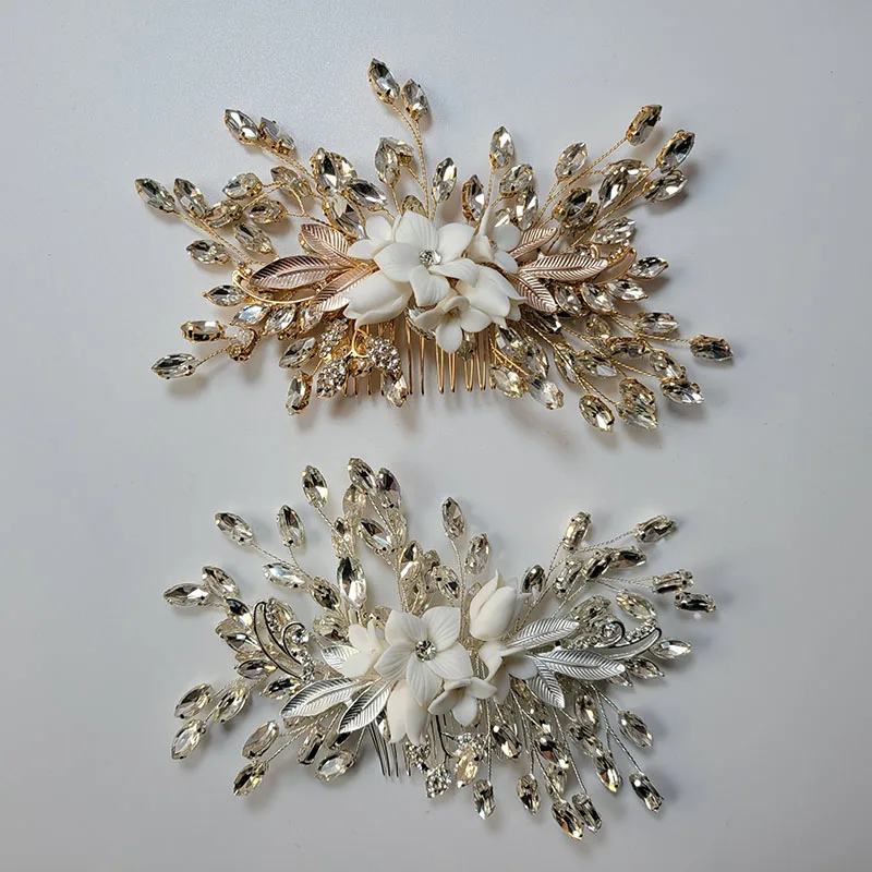 

SLBRIDAL Handmade Alloy Rhinestone Pearls Floral Bridal Hair comb Wedding Headpiece Women Jewelry Girls Party Hair accessories