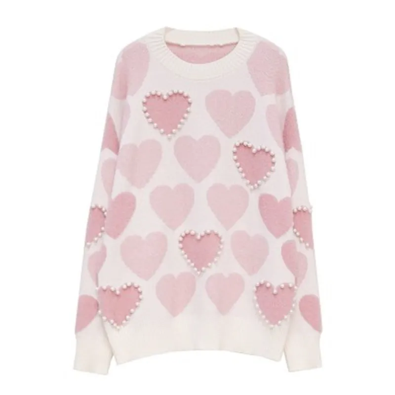

Winter Heart Pearls Beading Sweater Women Pink Kawaii Jumpers Korean Long Sleeve Knitted Pullover Sweater Casual Knitwear