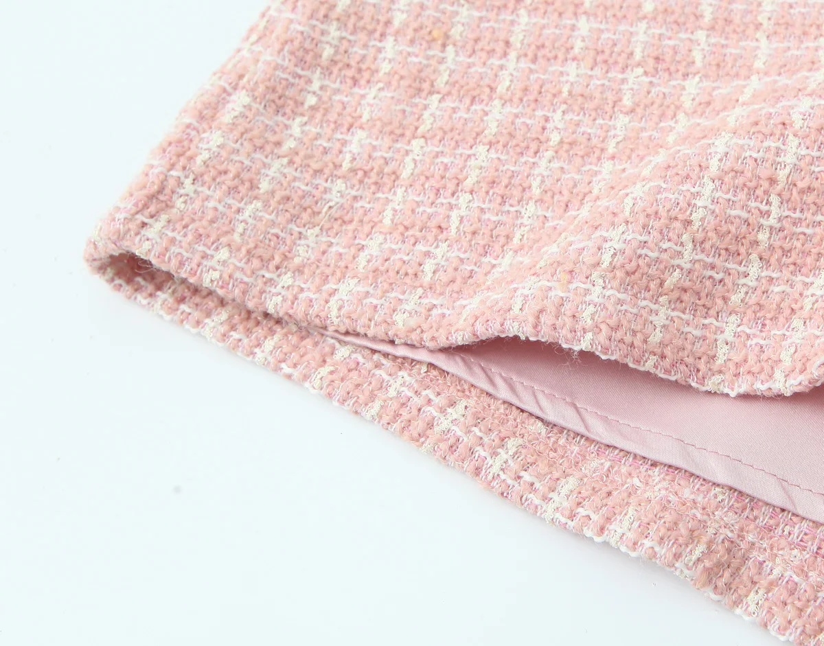 2 pieces 1 Set French Style Retro Pink Plaid Woven Tweed Blazer + High Waist Mini Shorts Pants Suits