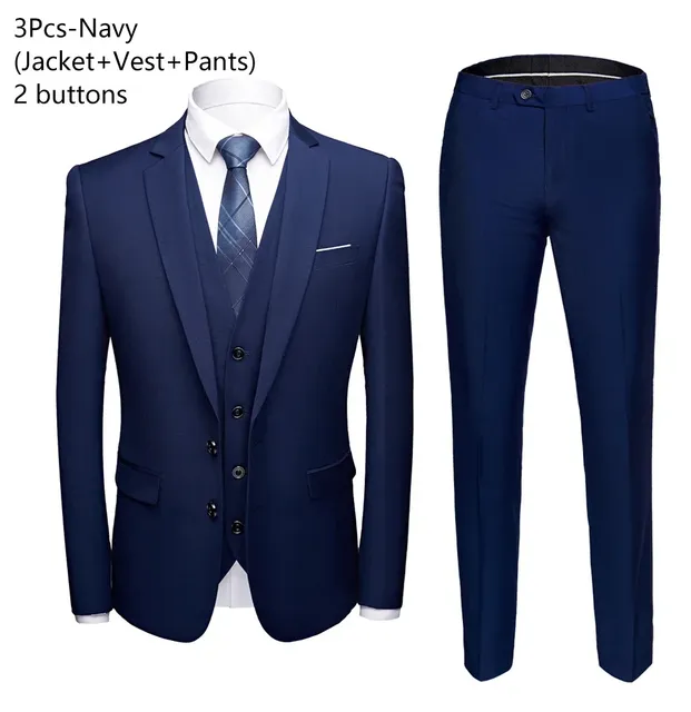 Wedding Suit For Men Set Elegant Blazers Formal 3 Pieces Full Jackets Vest Pants Classic Business Coats 2024 Free Shipping - Navy 3pcs 2 button, XXL (67-72KG)