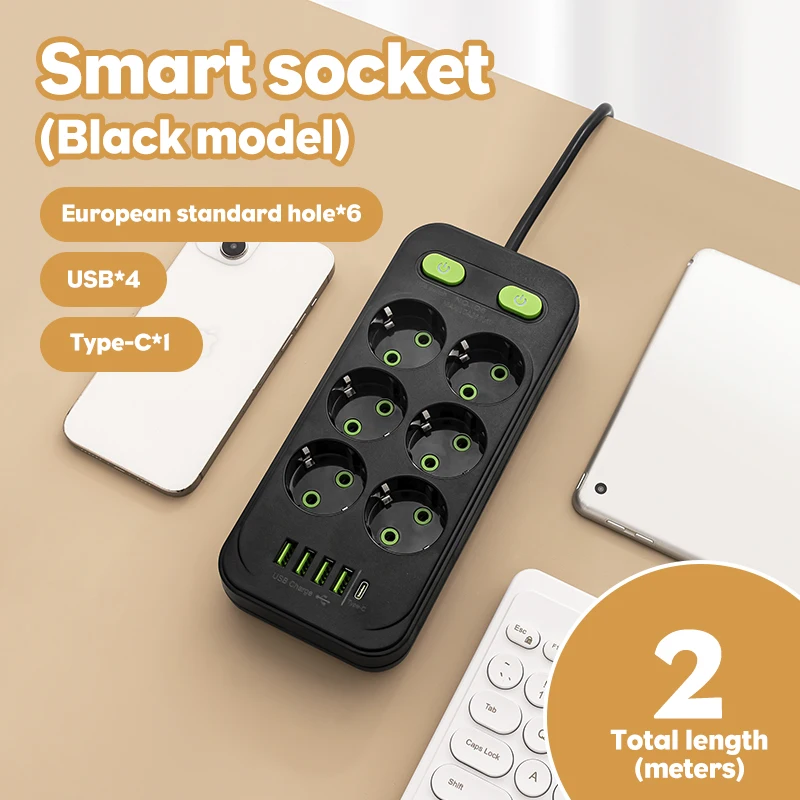 Power Strip EU Plug AC Outlets Multitap Socket 2M Extension Cord Electrical USB Type C Fast Charging Network Filter Adapter