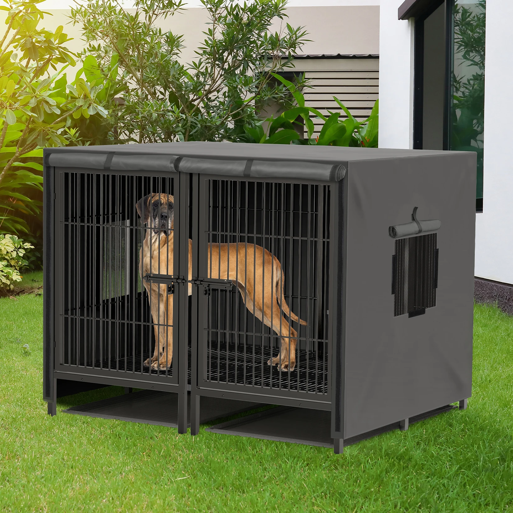 Cage pour chien XXL robuste pour chien : cage extra large 2 en 1 avec  cloison métallique amovible et 2 plateaux - chenil double boîte en métal  indestructible intérieur extérieur pour 2