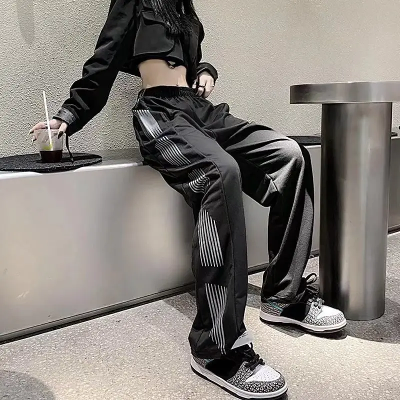 Harajuku Woman Clothes Black Oversize Striped Sweatpants Elastic High Waist Spring Summer Pockets Joggers Sports Casual Trousers