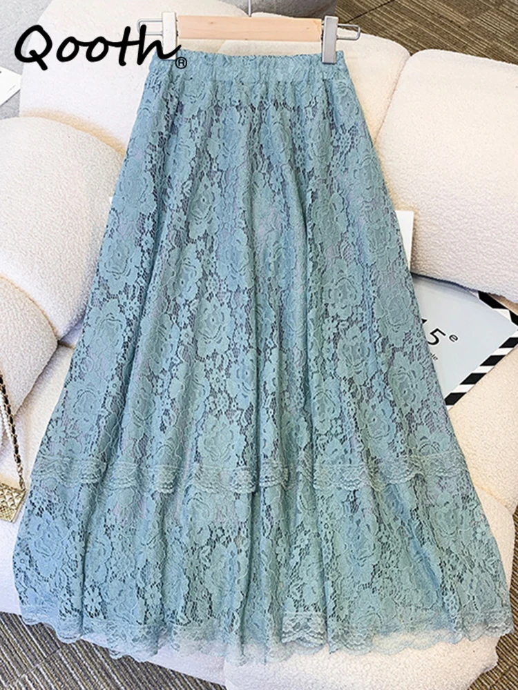 

Qooth Women Elastic Waist Lace Midi A-line Skirt Elegant High Waist Printed Skirt for Summer Spring QT2100