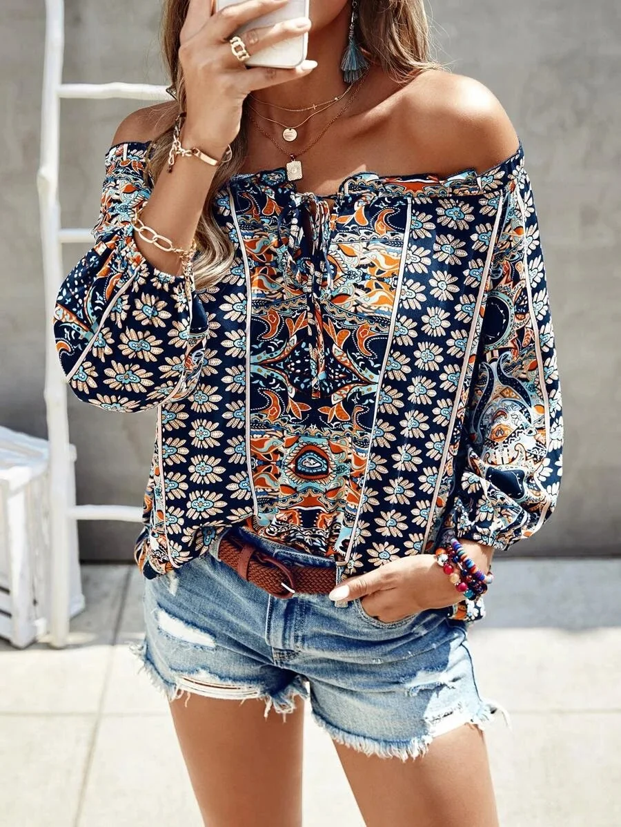thumbnail image 1 of Blusas sexis de manga larga con hombros descubiertos de TEELYNN para mujer, blusas de rayón con estampado floral, blusas bohemias de verano 2023, blusas holgadas para playa, 1 of 5