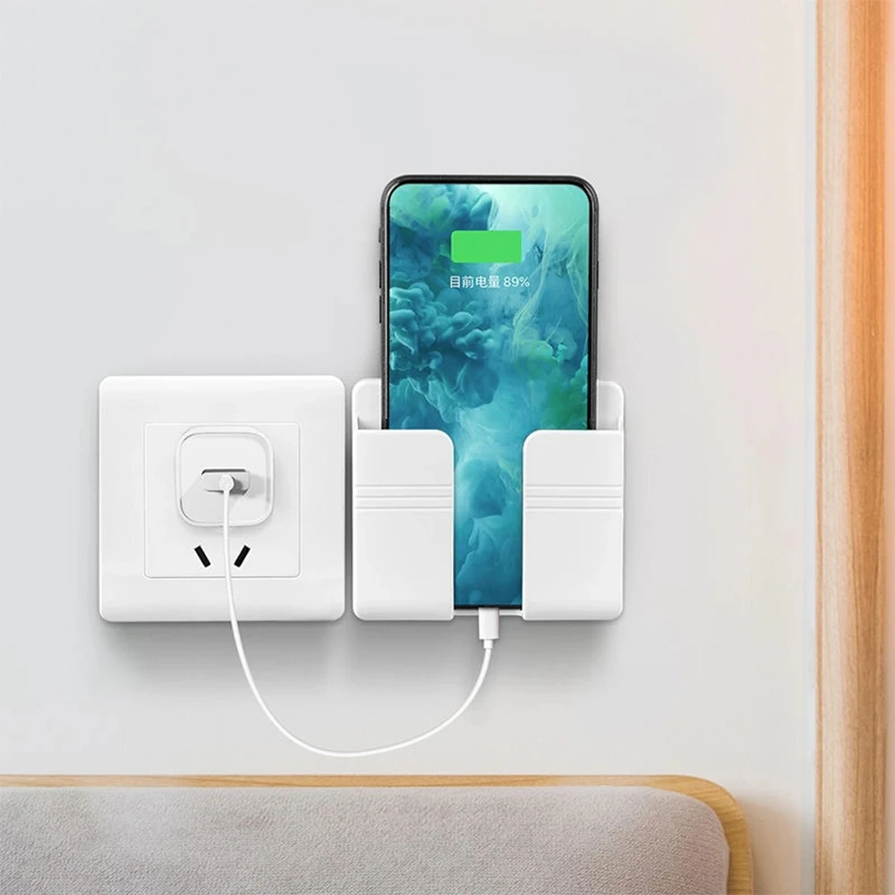 Phone Holder Wall Mounted Organizer Storage Box Remote Control Mounted Mobile Phone Plug Multifunction Shelf Hook Storage Racks