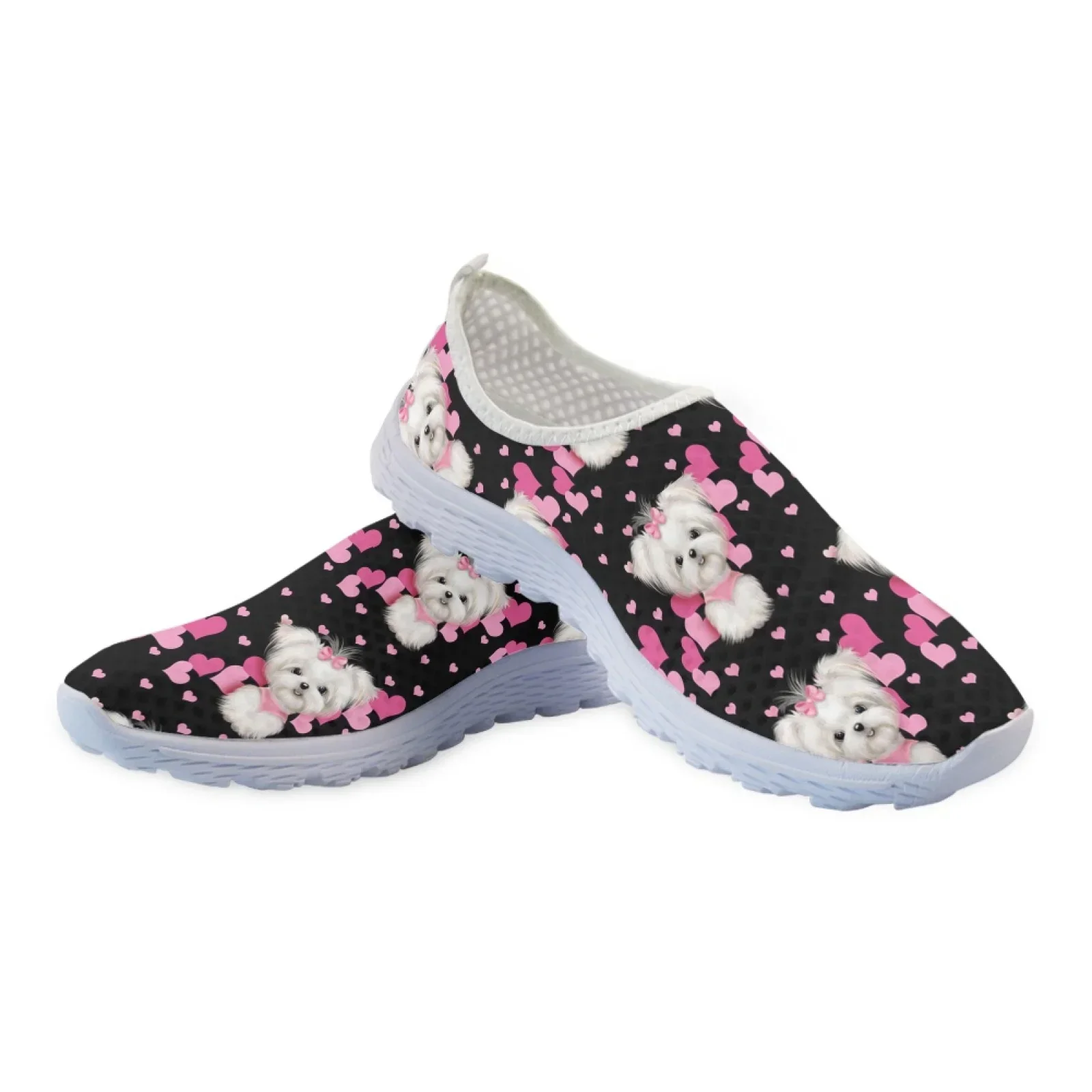 Cute Pet Dog Print Shoes Women Maltese Dog Pattern Summer Beach Water Shoes Women's Mesh Loafers Slip On Sneakers