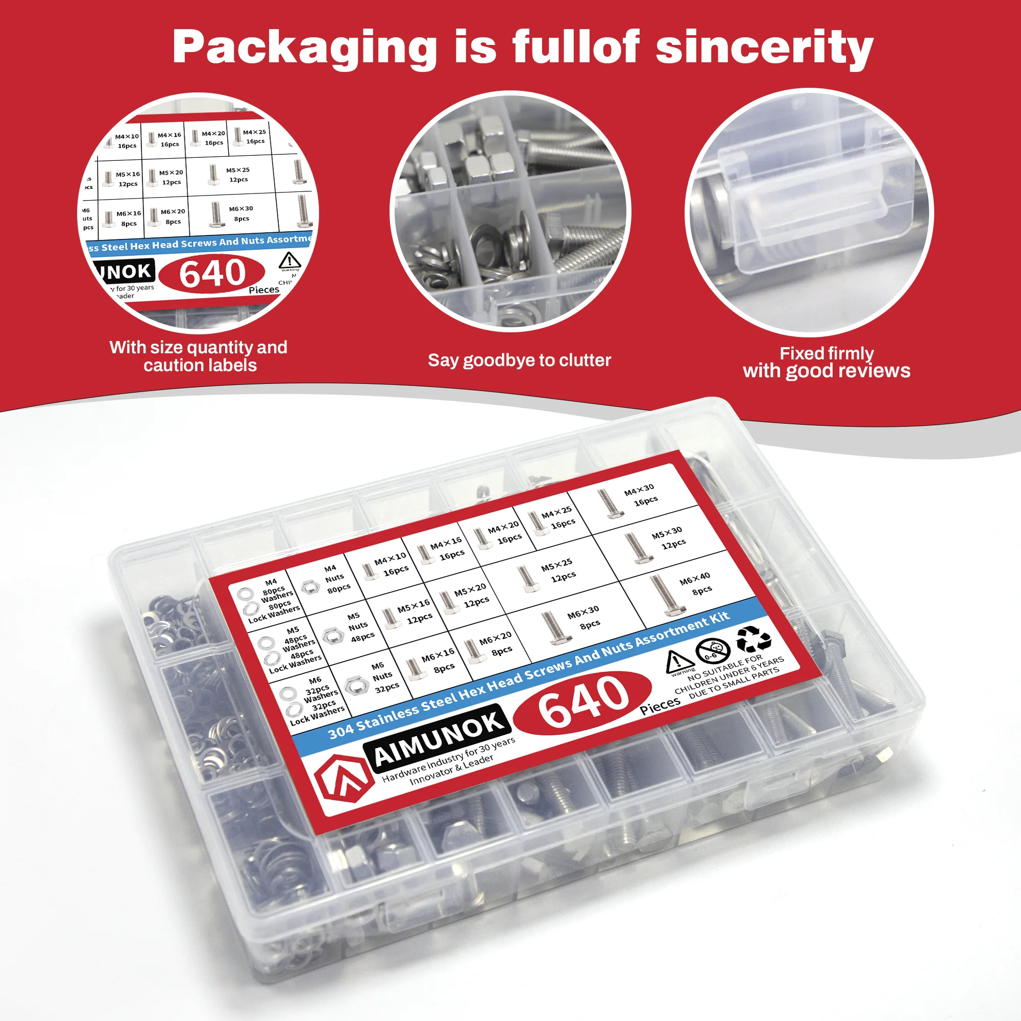 640pcs M4 M5 M6 Heavy Duty Bolts and Nuts Assortment Kit, 304 Stainless Steel, Includes 13 Most Common Sizes