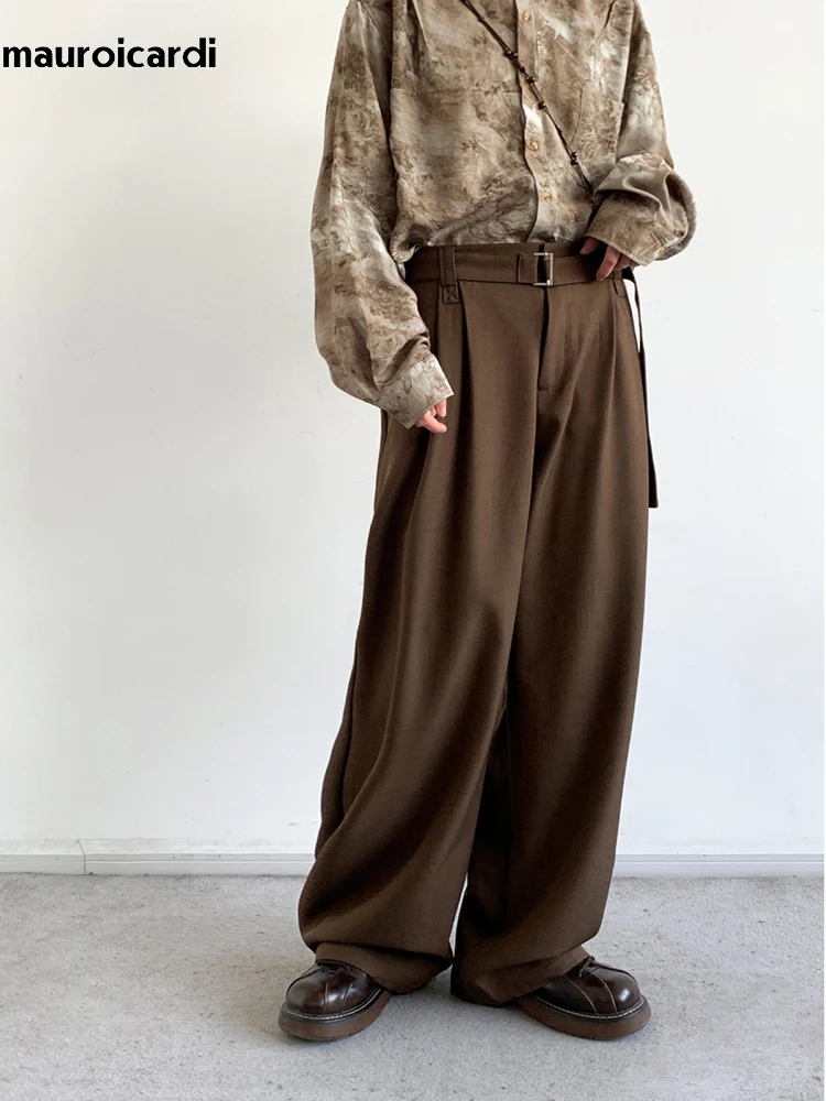 Mauroicardi Spring Autumn Long Coffee Flowy Baggy Wide Leg Pants for Mens Belt Korean Fashion Loose Casual Soft Trousers 2024 2