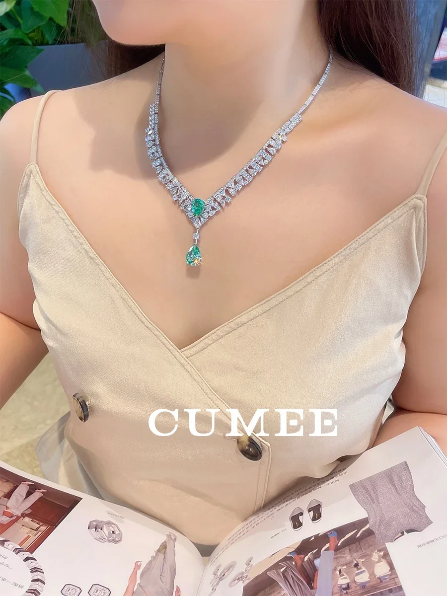 CUMEE Fine Jewelry cultivated Palaiba color Gemstone Necklace 925 Sterling Silver gold-plated Necklace for Women MOM Gift