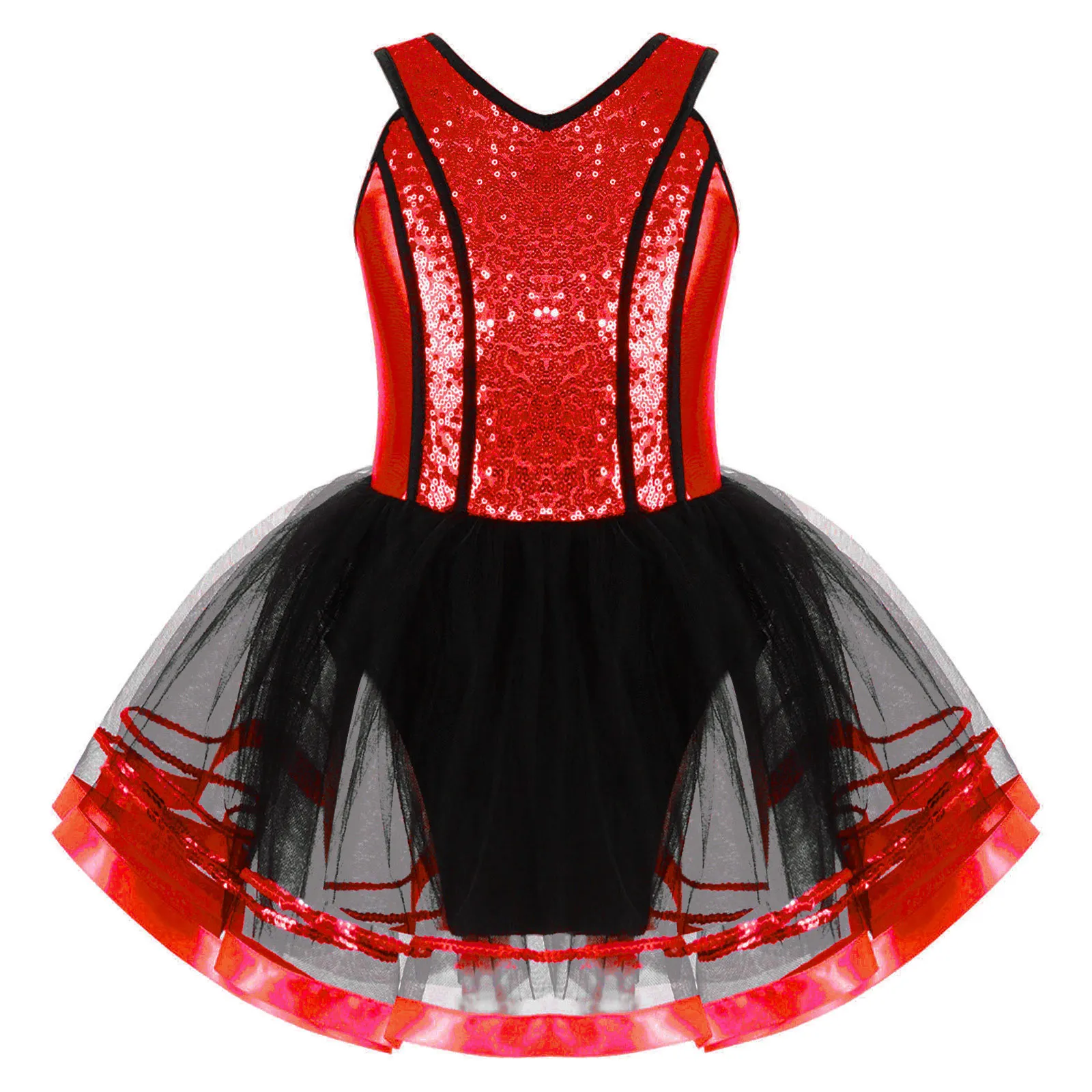 #6-16 Years Kids Girls Ballet Dance Leotards Dress Sleeveless Shoulder Straps V Neck Shiny Sequins Tutu Mesh Skating Dance Dress