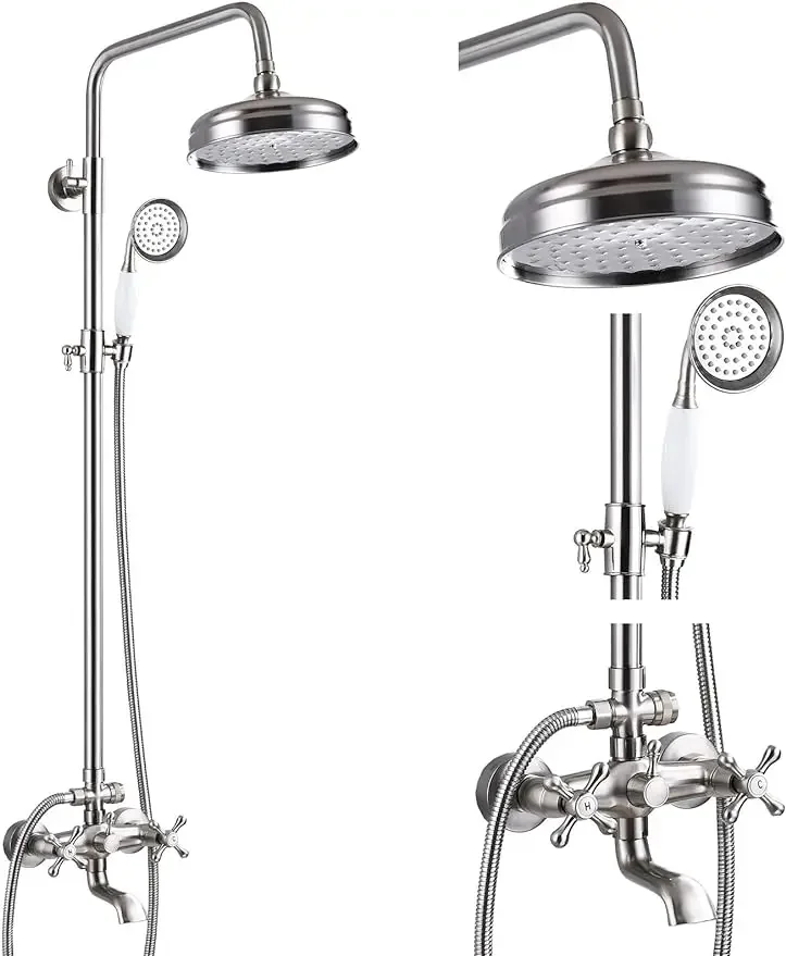 

gotonovo Brushed Nickel Bathtub Shower Faucet System 8-inch Rainfall Showerhead with Handheld Spray Dual Cross Knobs Handles