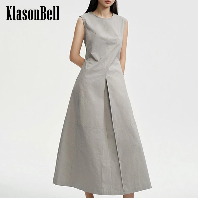 

5.24 KlasonBell Solid Washed Cotton Simple Temperament O-Neck Ruched Collect Waist Spliced Sleeveless Tank Maxi Dress