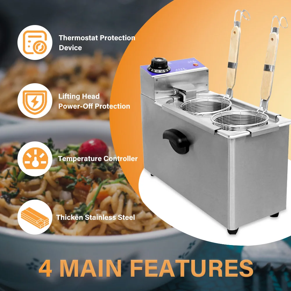 EH800A Electric Noodle Cooking Machine, Pasta Cooker, Table Top 2 Basket Pasta Cooker with Noodle Filter, Suitable for Home