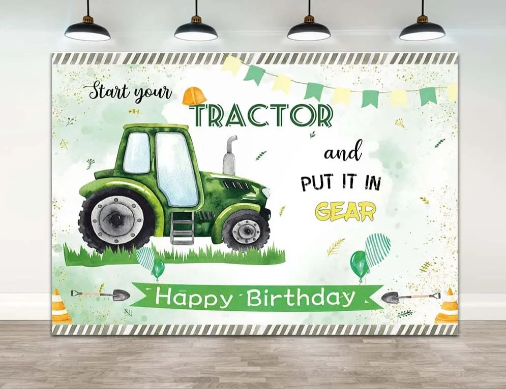 

Green Tractor Happy Birthday Backdrop Boys Birthday Start Tractor and Put It In Gear 1st Birthday Party Banner Background