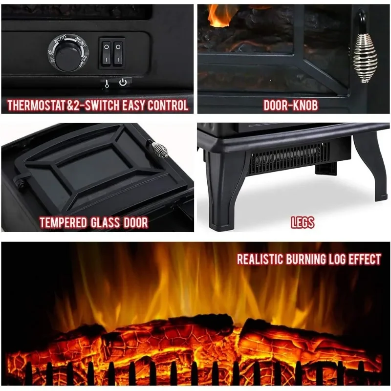 FDW Electric Fireplace Heater 20" Freestanding Fireplace Stove Portable Space Heater with Thermostat Realistic Log Flame Effect 5