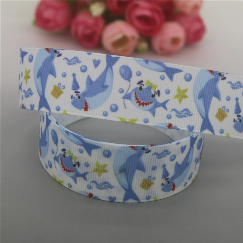 DHK 50yards Sea Shark Whale Printed Grosgrain Ribbon Accessories Material Headwear Decoration DIY Sewing Craft D1959