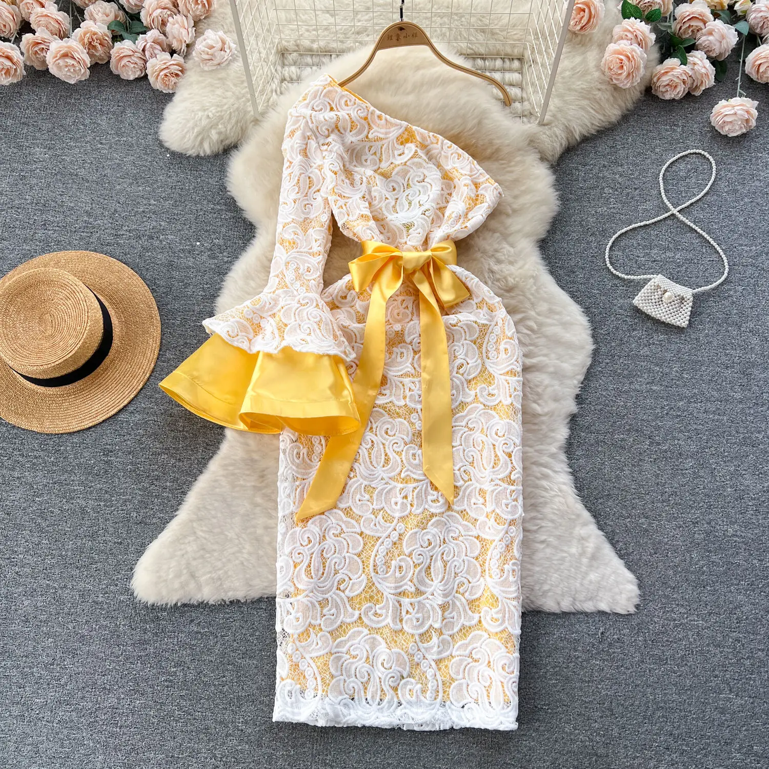 

Шикарное кружевное длинное платье Foamlina, женское американское винтажное элегантное платье с косой лямкой, женское платье с расклешенным рукавом